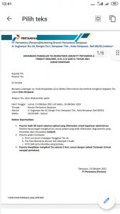 [Hoaks] Undangan Panggilan Tes Rekrutmen Umum Pertamina Seleksi Tanggal 15-16 Oktober 2021