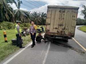 Truk Boks Rusak di Ruas Jalan, Kasat Lantas Polres Labuhanbatu Bantu Jalur Lalu Lintas Dari Kemacetan